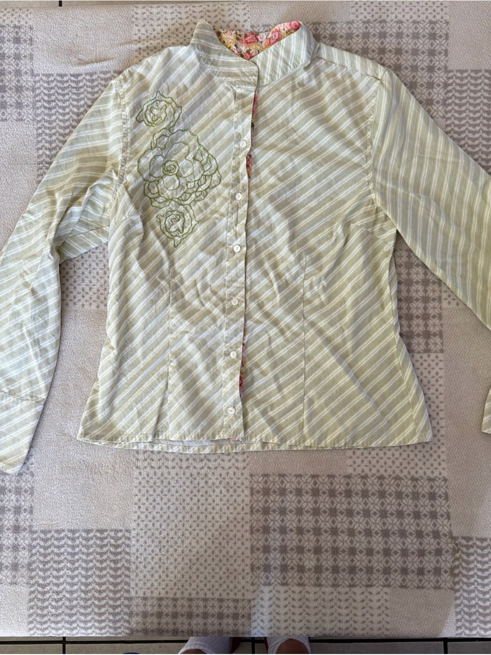 Tucker Light Green Striped Button-Down Top with Floral Embroidery
